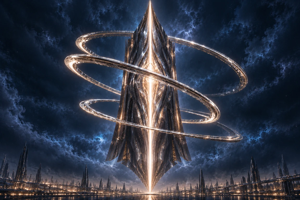 OMNIS — monumental architecture with luminous rings surrounding a central crystalline structure